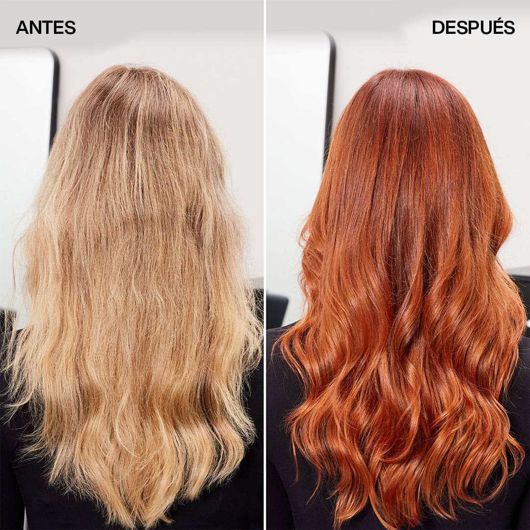 Antes y despues cabello teñido rojo intenso con Shades E